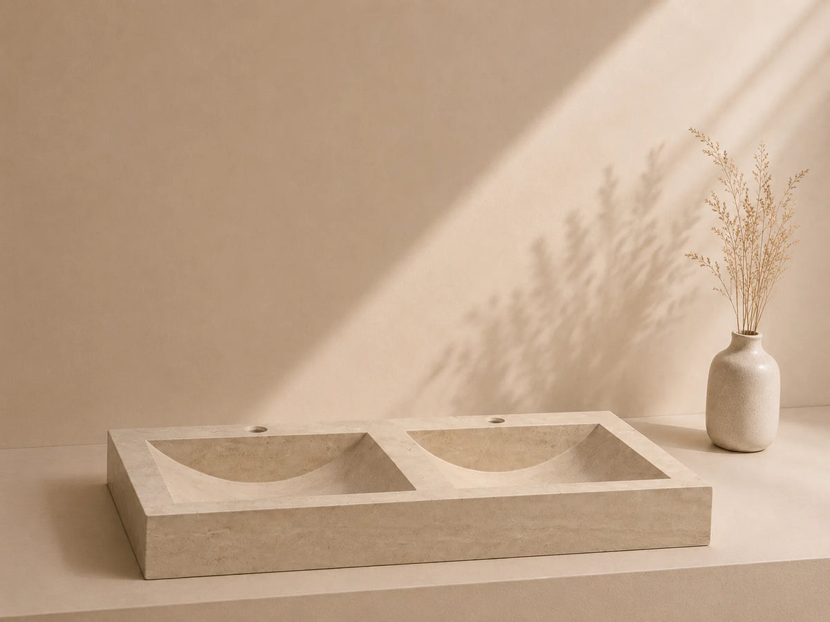 Double vasque en travertin beige